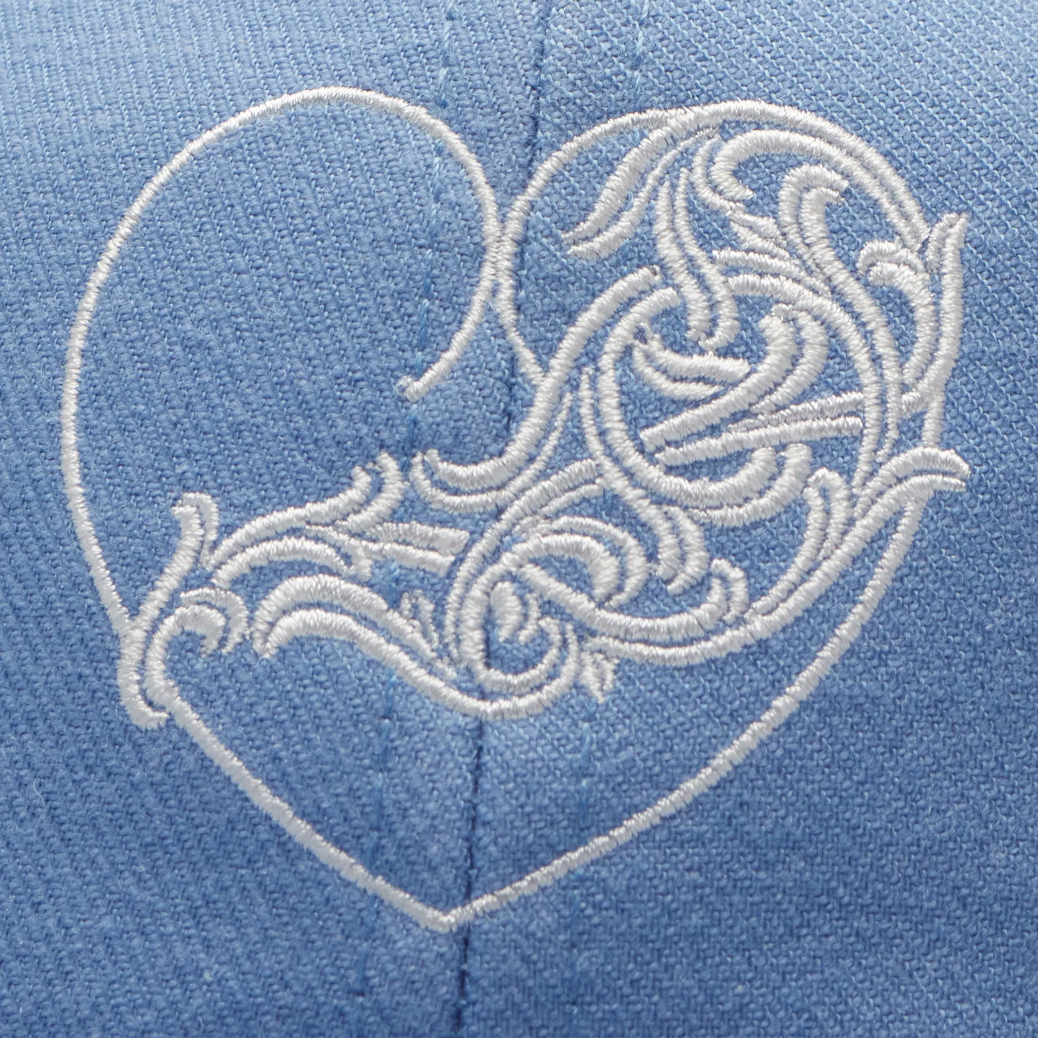 Detailed View of Chrome Hearts Vinny Heart Embroidered Light Blue Baseball Cap